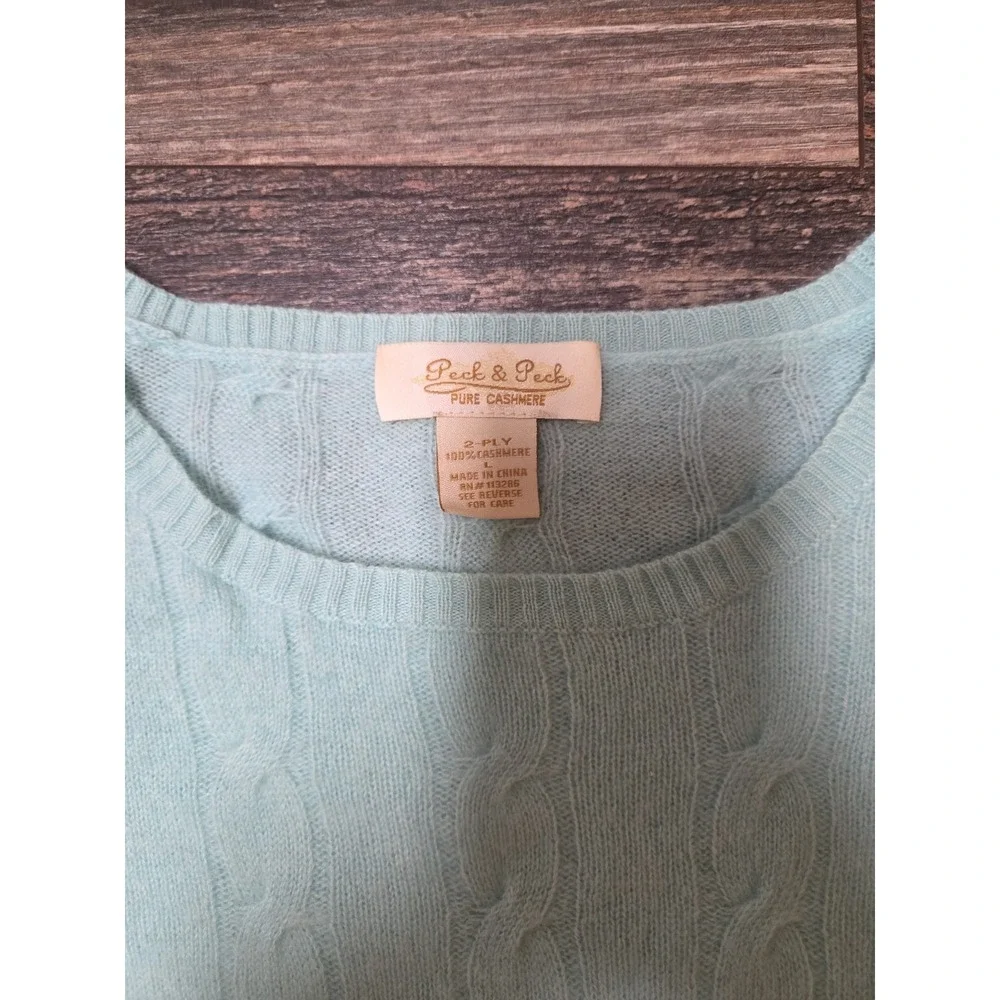 Peck And Peck Pure Cashmere 2 Ply‎ Womens L Light Blue/Aqua Cable Sweater Vntg